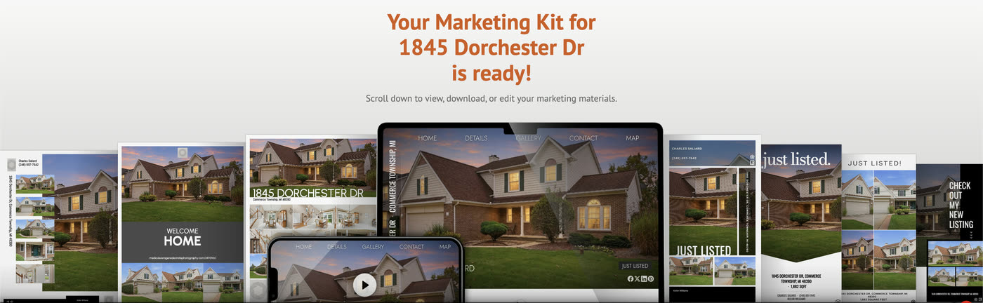 A delivered marketing kit: property website on a laptop and phone, flyers and social posts