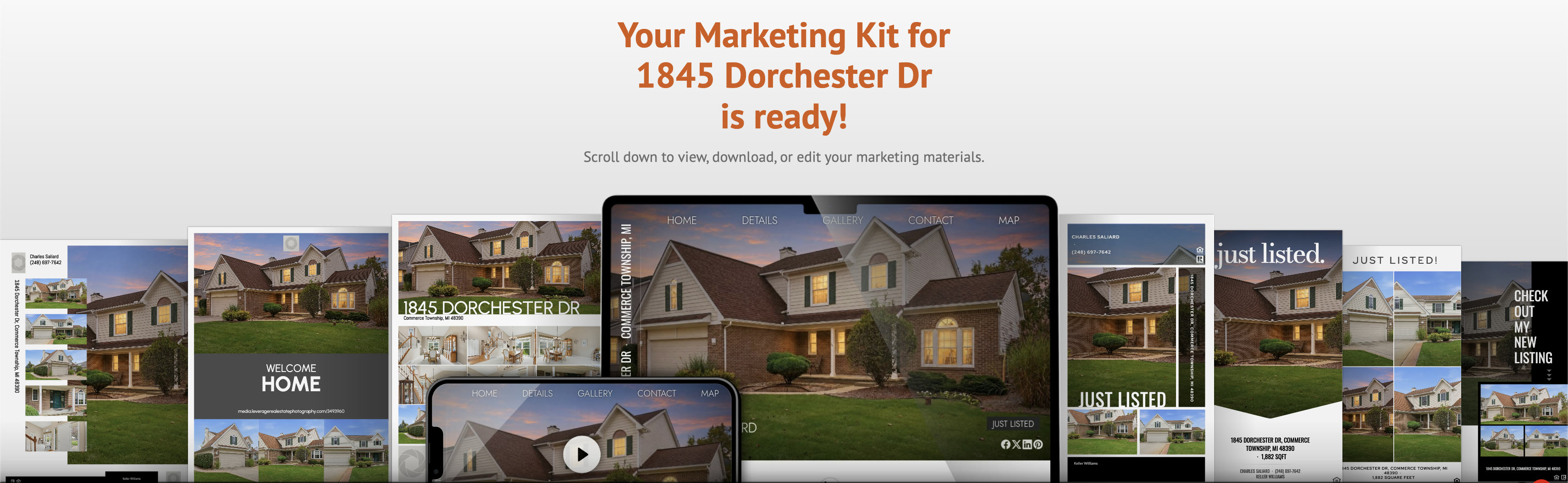 A delivered marketing kit: property website on a laptop and phone, flyers and social posts