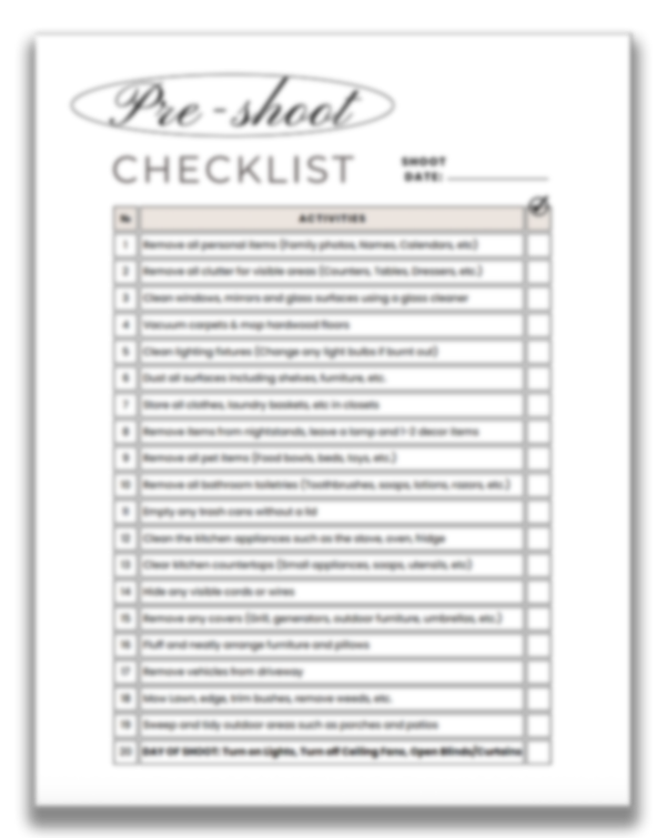 Preview of the Seller Pre-Shoot Checklist: 20 numbered tasks with a box to tick for each