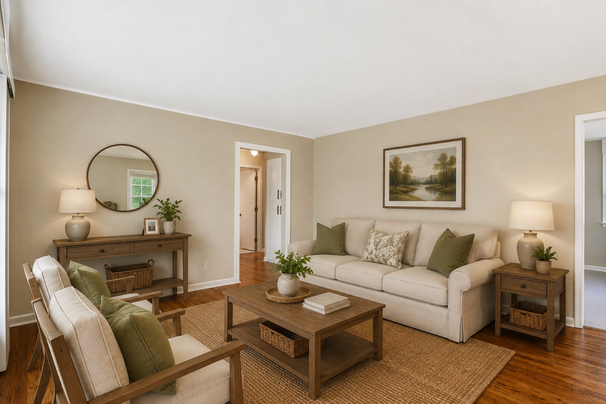 A living room virtually staged for a Metro Detroit listing