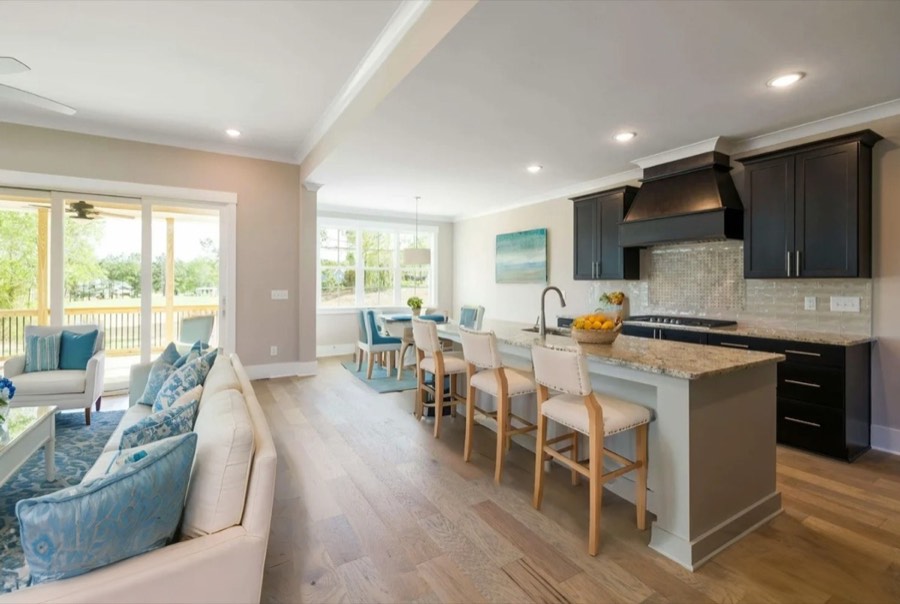 A kitchen virtually staged in a coastal style