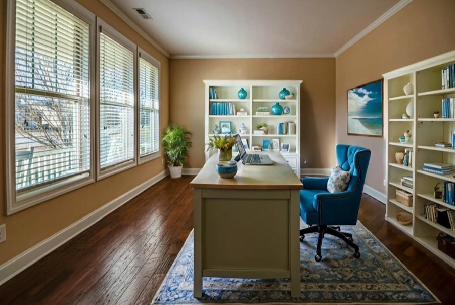A office virtually staged in a coastal style