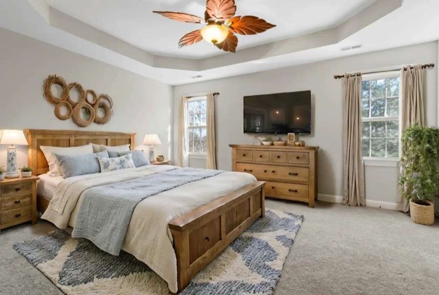 A bedroom virtually staged in a farmhouse style