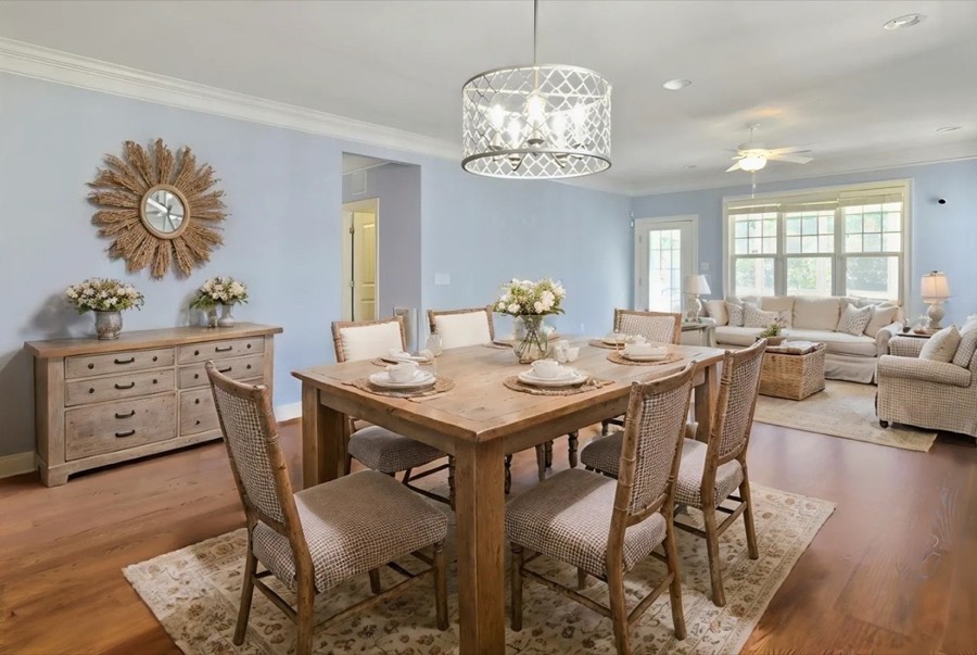 A dining room virtually staged in a farmhouse style