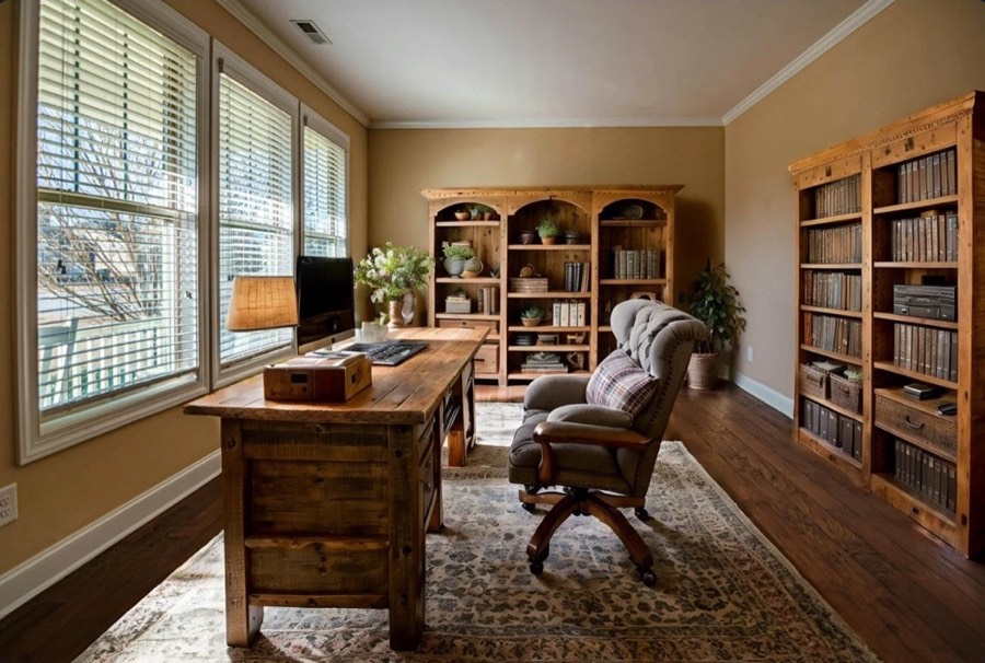 A office virtually staged in a farmhouse style