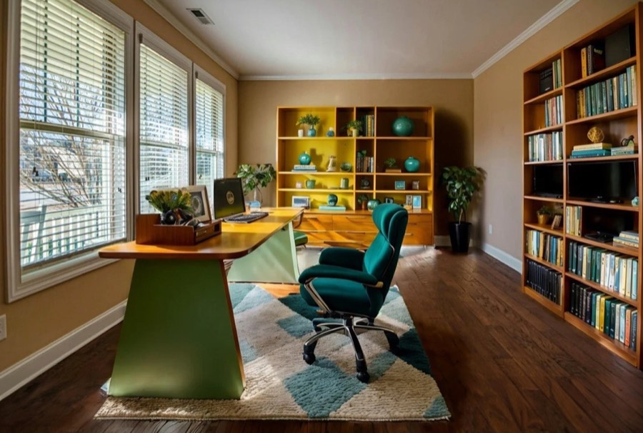 A office virtually staged in a mid-century style