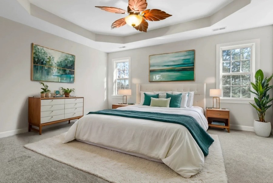 A bedroom virtually staged in a modern style