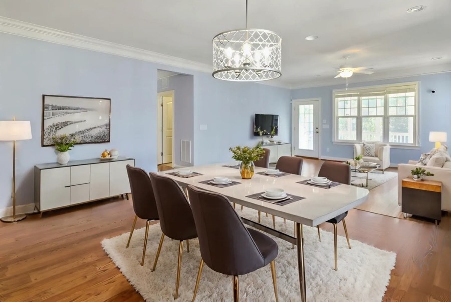 A dining room virtually staged in a modern style