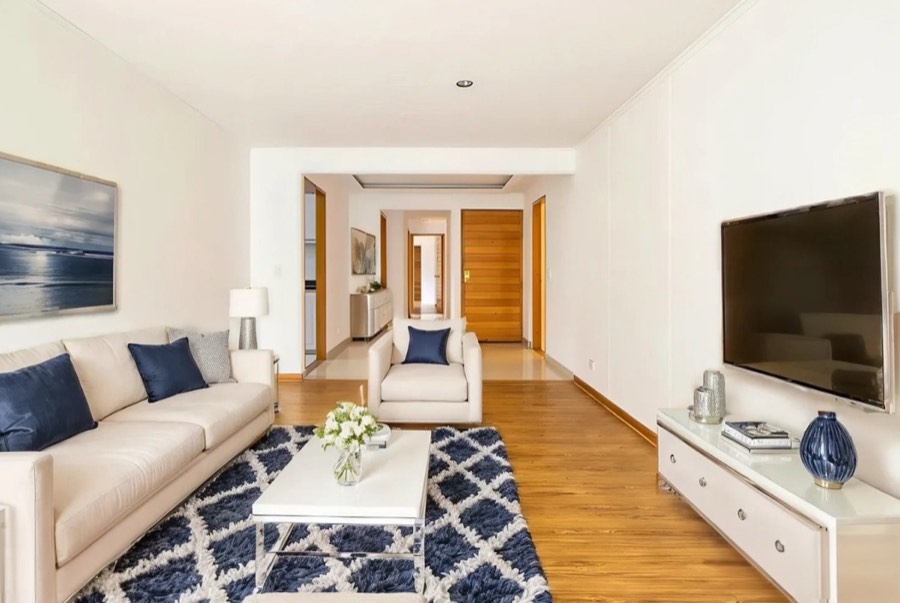 A living room virtually staged in a modern style