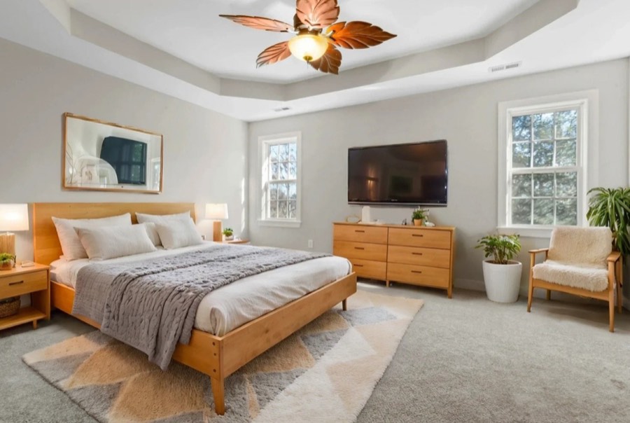 A bedroom virtually staged in a scandinavian style