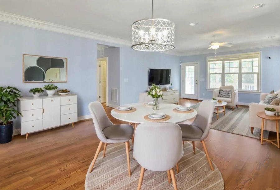 A dining room virtually staged in a scandinavian style