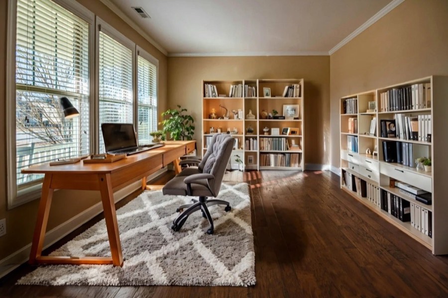 A office virtually staged in a scandinavian style